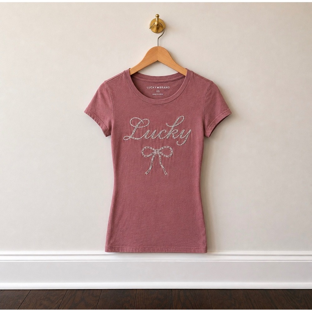 Lucky Brand Womens XS Pink Beaded Lucky Bow Graphic Tee Short Sleeve Cotton New